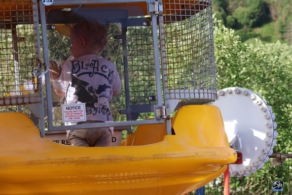 Child sitting in a yellow ride with a mesh enclosure, surrounded by greenery.